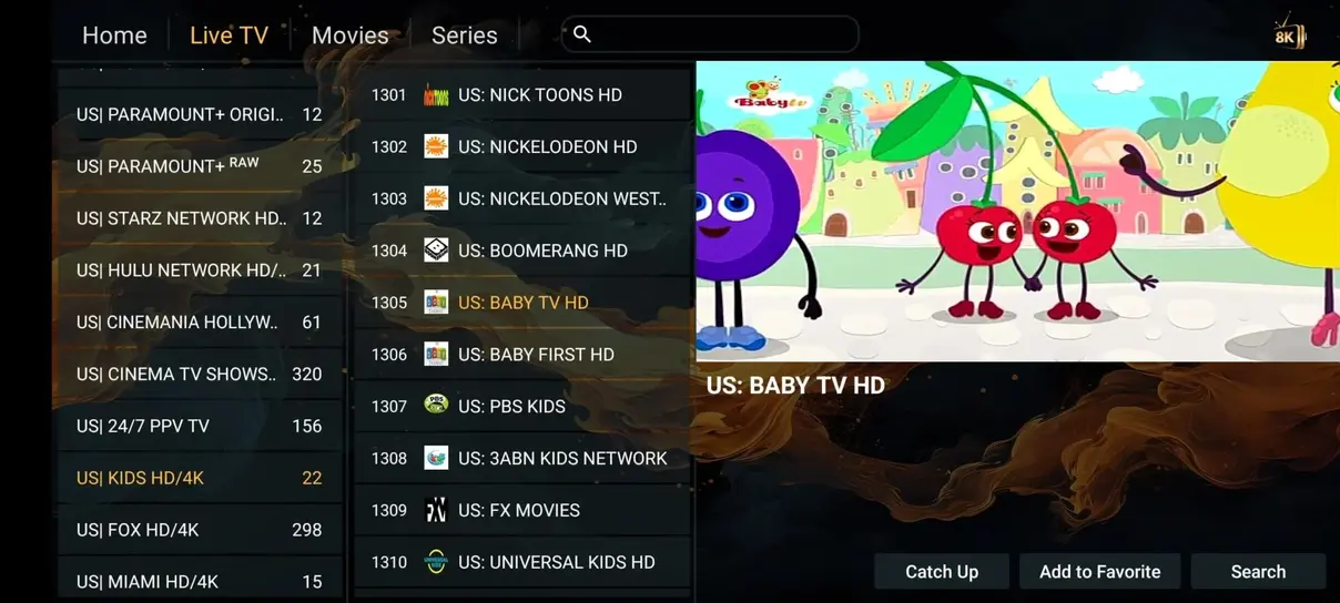 IPTV meny för filmer och serier i 4K Ultra HD