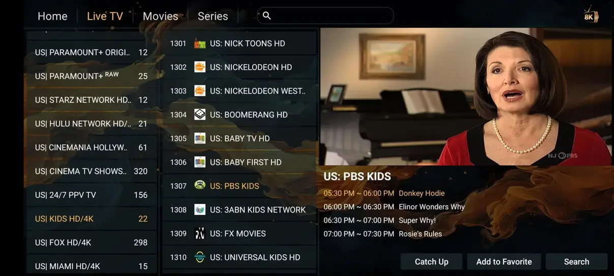IPTV direktuppspelning och live stream gränssnitt