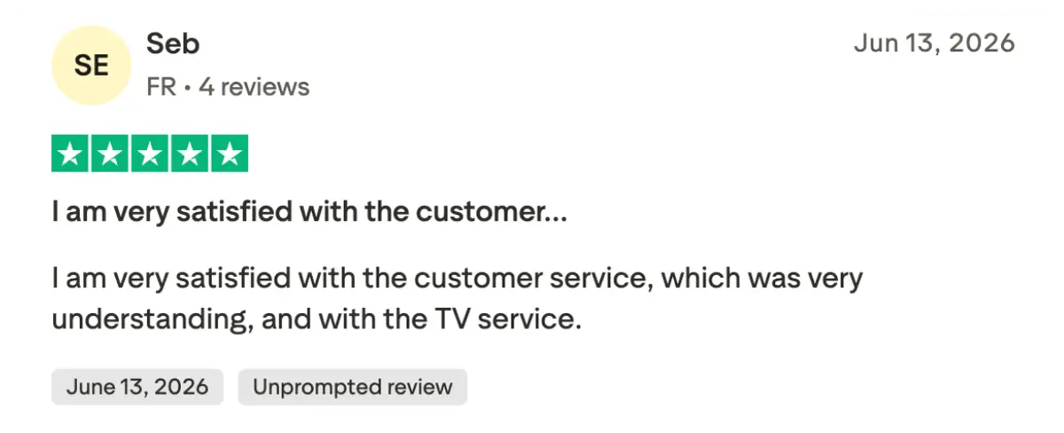 Trustpilot recension som bekräftar hög bildkvalitet i 4K