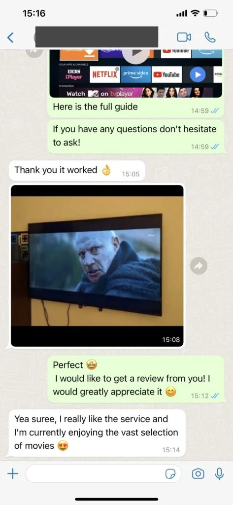WhatsApp kundchatt 1 som visar direkt IPTV aktivering