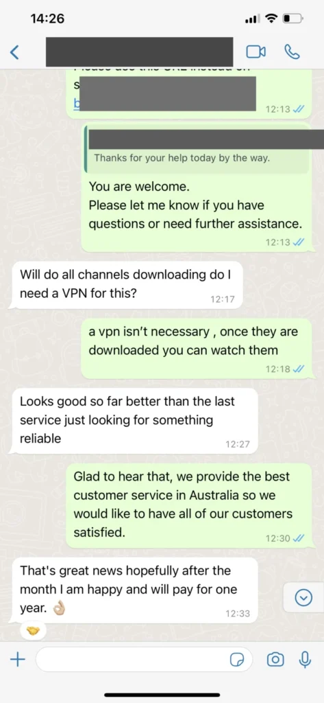 WhatsApp nöjd kund 3 som bekräftar 4K bildkvalitet